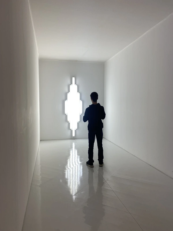A teenager in front of a contemporary art work, an assembly of white neon lights in a white tunnel