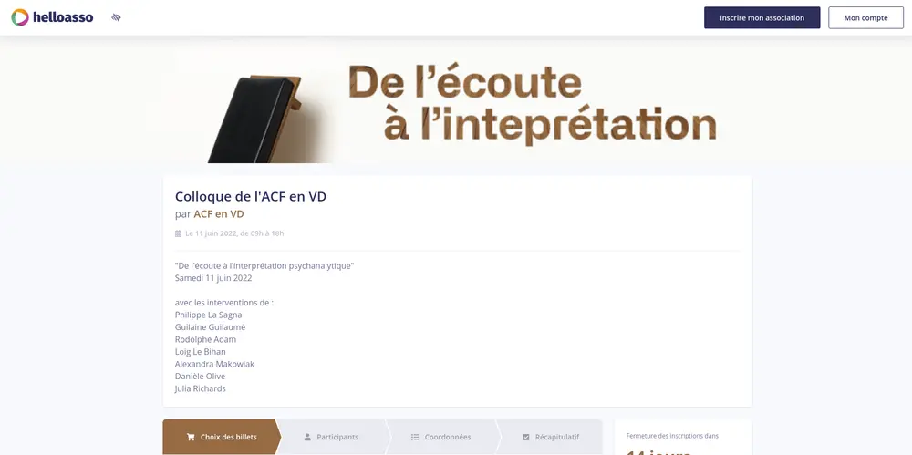 Screenshot of the helloasso website, with the banner visible at the top of the page