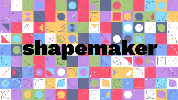 shapemaker written in bold black text, with a colorful mosaic of squares containing various shapes inside